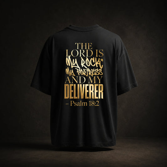 The Lord Is My Rock Premium Oversized Tee in Schwarz, Rueckansicht mit Gold-Backprint