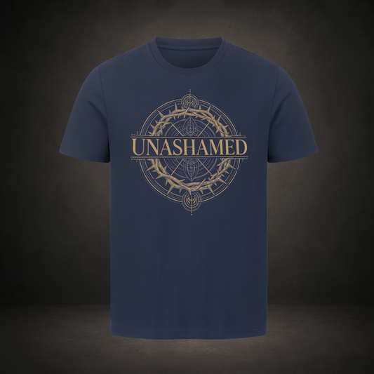 Unashamed – goldenes Emblem mit Dornenkrone, Schriftzug und geometrischem Kreis auf schwarzem T-Shirt, Römer 1,16, Crown-Serie von Bulletproof Faith